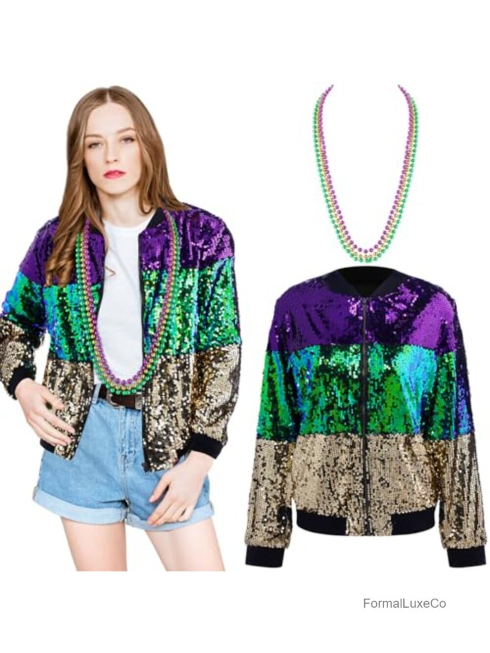Hicarer Mardi Gras Sequin Jacket Set with Bead Necklaces
